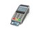 3d rendering of a card payment terminal with a sticking plastic card inside on white background.