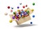 3d rendering of cardboard box in air full of colorful snooker balls which are flying out and floating outside.