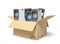 3d rendering of cardboard box full of several ATM`s.