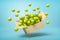 3d rendering of cardboard box full of tennis balls in mid-air on light-blue background.