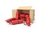 3d rendering of cardboard box lying sidelong full of red fire extinguishers.