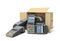 3d rendering of cardboard box lying sidelong with several point-of-sale terminals inside and outside.