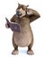 3D rendering of cartoon bear reading book and looking confused.