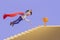 3d rendering. Cartoon businessman flying to champion cup, goal and reward