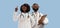 3d rendering. Cartoon character doctors, black skin woman and man, international team of healthcare professionals isolated on blue