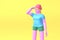 3D rendering cartoon character young hipster girl in a red hat and blue t-shirt holding his hand looking into the distance on a