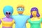 3D rendering cartoon characters guy hugs two girls in a swimsuit with blue, pink, purple skin on a yellow background. Minimal