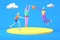 3D rendering cartoon characters a guy and two girls with blue, pink, purple skin play a volleyball ball. Minimal sea beach concept