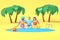 3D rendering cartoon characters a guy and two girls with blue, pink, purple skin are sitting by the pool on a background of palm