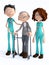 3D rendering of cartoon doctor and nurse helping old man with walker