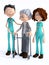 3D rendering of cartoon doctor and nurse helping old woman with walker