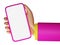 3D rendering cartoon hand with smartphone with pink business suit. Empty screen mobile phone mockup