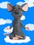 3D rendering of a cartoon mouse doing yoga in the clouds