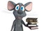3D rendering of a cartoon mouse holding a pile of books