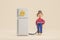 3d rendering. Cartoon woman with chained to fridge, food addiction