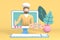 3D rendering character blogger channel photo. Cartoon guy, a man in a cook hat in the monitor shows pizza. Abstract minimal