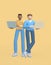 3D rendering character two young guys white and african are standing with a laptop in their hands on a yellow background. Abstract