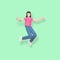 3D rendering character a young, happy, cheerful girl jumping and dancing on a green background. Abstract minimal concept youth,