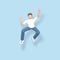 3D rendering character a young, happy, cheerful guy jumping and dancing on a blue background. Abstract minimal concept youth,