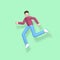 3D rendering character a young, happy, cheerful guy jumping and dancing on a green background. Abstract minimal concept youth,