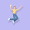 3D rendering character a young, happy, cheerful guy jumping and dancing on a purple background. Abstract minimal concept youth,