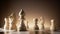 3d rendering, chess game white pieces stand on the chessboard illuminated with warm light. Pawn, bishop, knight, horse