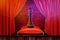 3d rendering of a chess king piece on a red royal pillow placed on stage with red curtains.