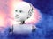 3D rendering of child robot head with space background.
