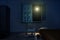 3d rendering of children`s room at night with shining bright moo