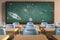 3D rendering of Class Room with a Solar System Chalk Drawing on a Blackboard