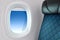 3d rendering close-up shot of white open airplane window with a
