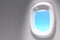 3d rendering close-up shot of white open airplane window with co