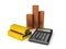 3D Rendering of coins, calculator and gold bars