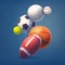 3d rendering of collection of several sport game balls such as football, soccer, and tennis, flying on a dark blue