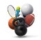 3d rendering of collection of sport and fitness equipment: a dumbbell, a kettlebell, tennis gear, and several team sport