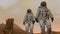 3D rendering. Colony on Mars. Two Astronauts Wearing Space Suit Walking On The Surface Of Mars