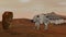 3D rendering. Colony on Mars. Two Astronauts Wearing Space Suit Walking On The Surface Of Mars