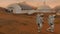 3D rendering. Colony on Mars. Two Astronauts Wearing Space Suit Walking On The Surface Of Mars