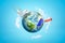 3d rendering of colored earth globe with paint roller, bucket and stepledder on blue sky background