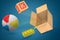 3d rendering of colorful alphabet toy block, ball and lego piece flying out of cardboard box on blue background