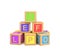 3d rendering of colorful toy blocks with different English letters isolated on a white background.