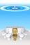 3D rendering concept golden and white toilet seats in blue water