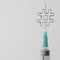 3D rendering Covid-19 vaccine syringe with Hashtag symbol, online Social network Vaccination Campaign for Herd immunity protection