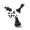 3d rendering of a cracked black chess king piece breaks under a flying white pawn with a golden crown.