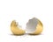 3d rendering of a cracked golden egg with its two pieces lying beside each other on white background.