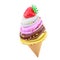 3d rendering cream ice cream with waffle peel and strawberries icon. 3d render Vanilla, chocolate, banana, strawberry