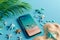 3D rendering, Creative summer beach on smartphone with blue background, summer vacation concept