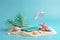 3D rendering, Creative summer beach on smartphone with blue background, summer vacation concept