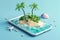 3D rendering, Creative summer beach on smartphone with blue background, summer vacation concept