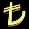 3D rendering of the currency symbol of the Turkish Lira, gold, isolated on black background